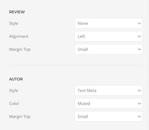 Настройки элементов слайдера: Текст отзыва и Автор