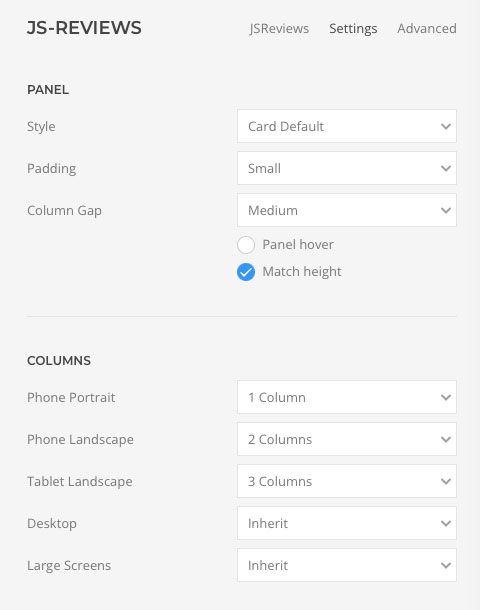 Настройки элементов слайдера: Панель и Количество колонок